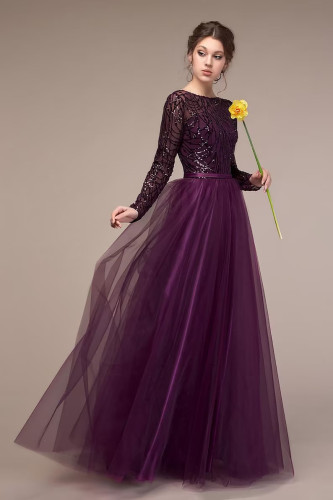 Purple Long Sleeve Mesh Patchwork Long Evening Dress