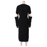 Women's Trendy Cutout High Slit Sweater + Midi Skirt Knitted 2PCS Set