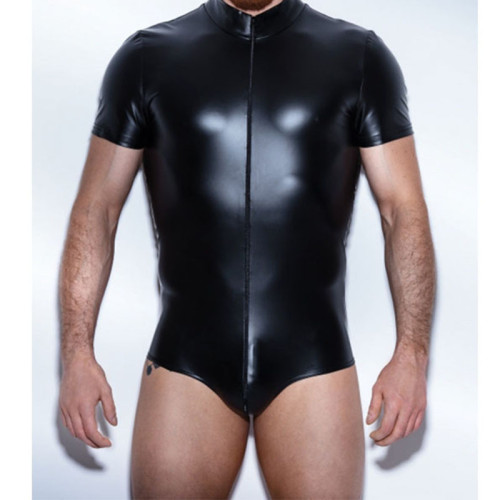 Men's PU Leather Sexy Lingerie Black Zipper Short Sleeve Bodysuit