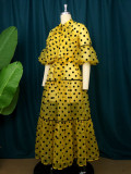 Elegant Lady 3/4 Sleeve Polka Dot Print Light Yellow Sheer Maxi Dress