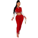 Winter Colorblock Baseball Jacket and Sweatpants Sports Two Piece Set