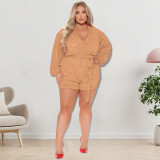 Plus Size Sequins Long Sleeve V Neck Rompers with Belt