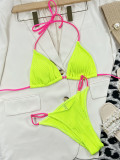 Women Solid Color Contrast Ribbed Halter Triangle Bikini Set