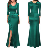 Sexy Elegant V-Neck Slit Ruched Women's Maxi Dress