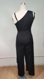 Solid V-Neck Strap Sleeveless Asymmetric Wide Leg Jumpsuit