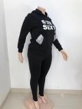Plus Size Black Letter Graphic Hooded Plus Size Two Pieces