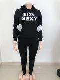 Plus Size Black Letter Graphic Hooded Plus Size Two Pieces