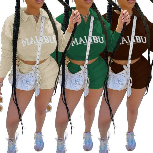 Casual Letter Print Green 2PCS Set Long Sleeve Cropped Sweatshirt + Shorts With Pocket