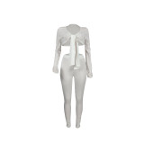 White Tie Front Feather Cuff Long Sleeve Top and Pants Two Piece Set