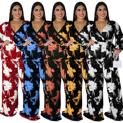 Plus Size Floral Print V-Neck Tie Waist Wide Leg Jumpsuit