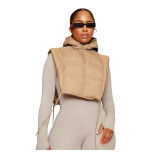 Womens Solid Zipper Sleeveless Padded Hooded Vest