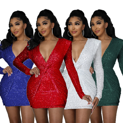 Women's Long Sleeve Sequin V-Neck Twisted Slim Fit Bodycon Dress