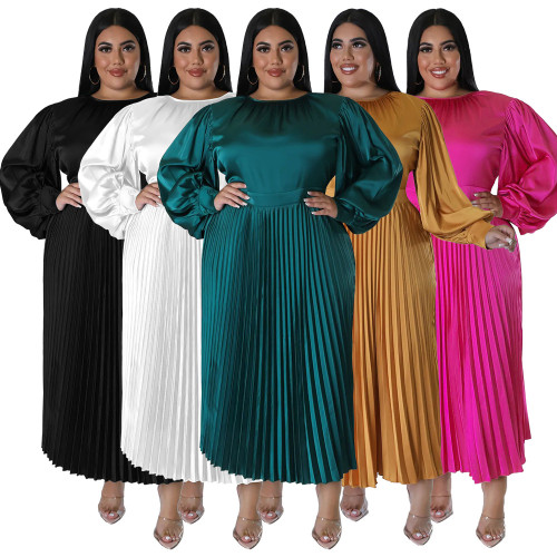 Plus Size Solid Pleated Round Neck Long Sleeve Maxi Dress