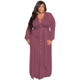 Plus Size Solid Belted Full Sleeve Long Shirt Dress