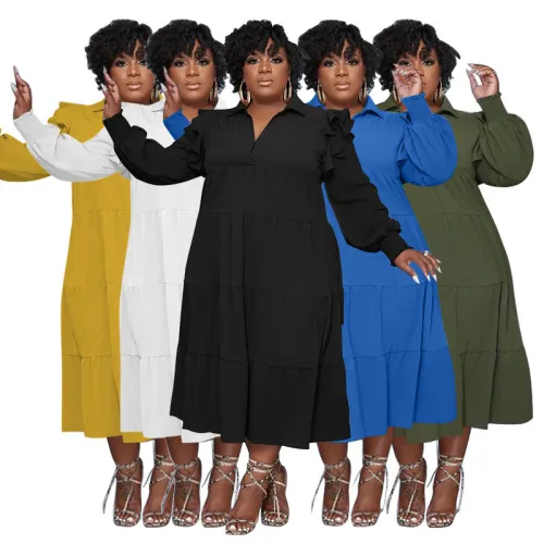 Plus Size Solid Ruffle Shoulder Loose Long Sleeve Layered Casual Dress