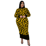 Plus Size Mock Neck Geometric Print Long Sleeve Long Dress