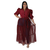 Plus Size See-Through mesh Patchwork Belted Shirt Dress