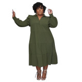 Plus Size Solid Ruffle Shoulder Loose Long Sleeve Layered Casual Dress
