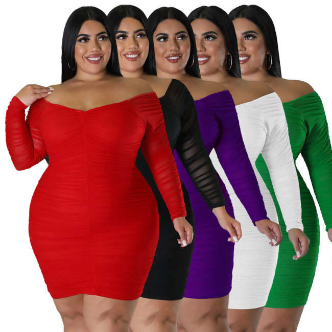 Plus Size Off Shoulder Solid Long Sleeve Ruched Bodycon Dress