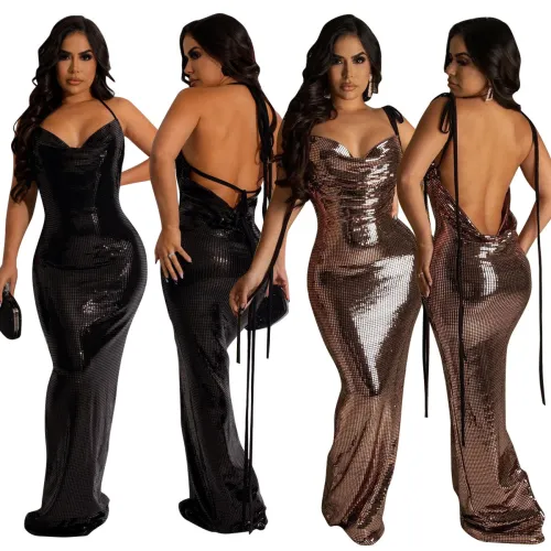 Sexy Metallic Backless Straps Long Evening Dress