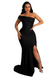 Solid Satin Off Shoulder Long Slit Evening Dress