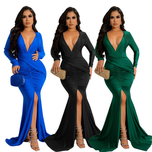 Sexy Plunge Neck Ruched Silky Slit Evening Dress