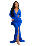 Sexy Plunge Neck Ruched Silky Slit Evening Dress