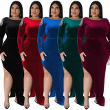 Plus Size Women's Solid Velvet Fringe Long Sleeve Cutout Back Party Maxi Dress