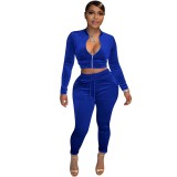 Ladies Solid Zipper Long Sleeve Crop Top Two Piece Tracksuit