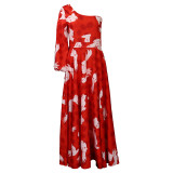 Women's Slash Shoulder Long Sleeve Print Maxi Dress