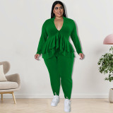 Plus Size Solid Ruffle Deep V Neck Long Sleeve Top and Tight Pants Two Piece Set