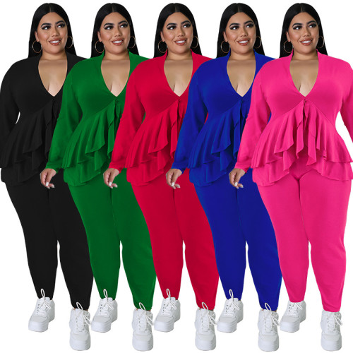 Plus Size Solid Ruffle Deep V Neck Long Sleeve Top and Tight Pants Two Piece Set