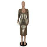 Ladies Chic Fashion Deep V Shiny Midi Bodycon Dress