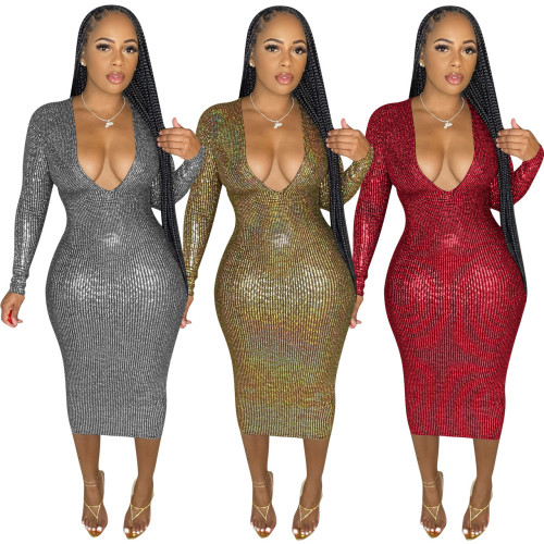 Ladies Chic Fashion Deep V Shiny Midi Bodycon Dress