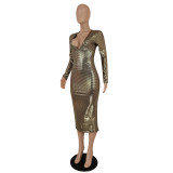 Ladies Chic Fashion Deep V Shiny Midi Bodycon Dress