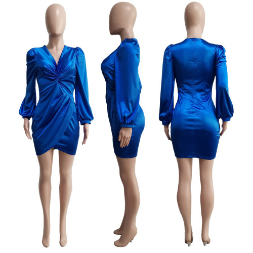 Solid Twist V-Neck Long Sleeve Sexy Satin Bodycon Dress