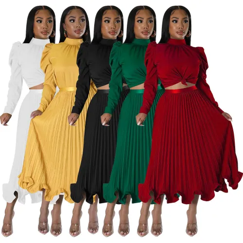 Solid Puff Sleeve Blouse +Ruffle Pleated Skirt Two-Piece Set