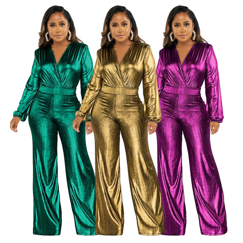 Metallic Sexy V-Neck Long Sleeves Wide Legs Jumpsuit