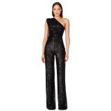 Sequin Slash Shoulder Sleeveless Jumpsuit