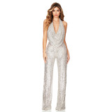 Sexy Sequin Backless Halter Cowl Neck Party Jumpsuit