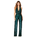 Sexy Sequin Backless Halter Cowl Neck Party Jumpsuit