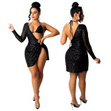 Sexy Sequin Single Sleeve Asymmetric Nightclub Dress with Bra