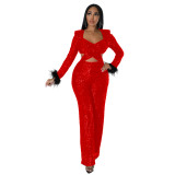 Party Sequin Cut Out Fluzzy Trim Jumpsuit