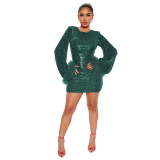 Sexy Sequin Flare Sleeve Feather Trim Bodycon Party Dress