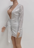 Sexy Sequin Deep-V Long Sleeve Ruffle Bodycon Dress