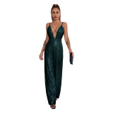Sexy Sequin Plunge Wide Leg Cami Jumpsuit