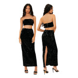 Sexy Sequin Bandeau and Slit Long Skirt Two Piece Set
