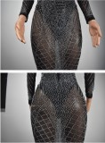 Sexy Rhinestone See Through Mesh Full Sleeve Maxi Evening Dress(without Pantie)