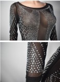 Sexy Rhinestone See Through Mesh Full Sleeve Maxi Evening Dress(without Pantie)