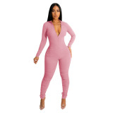 Ribbed Zip Up Tight Fit Ruched Jumpsuit